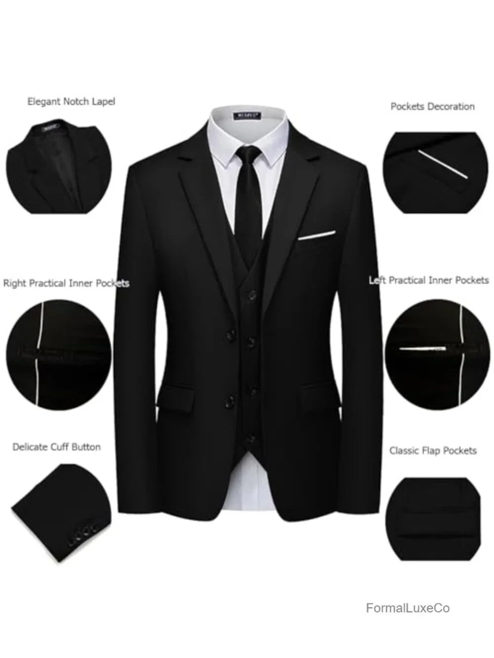 Men's 3 Piece Slim Fit Suit Set - Two Button Blazer, Vest, Pants, Tuxedo Set
